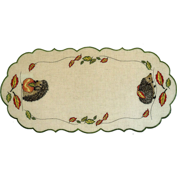 Linen Table Cloth - Sand with Hedgehogs & Fall Leaves in Wind