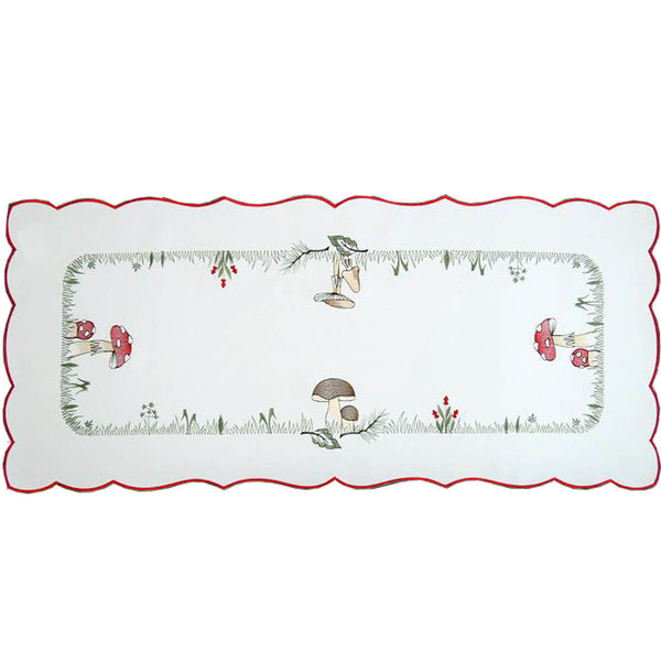 Linen Table Cloth - White with Mushrooms & Forest Foliage