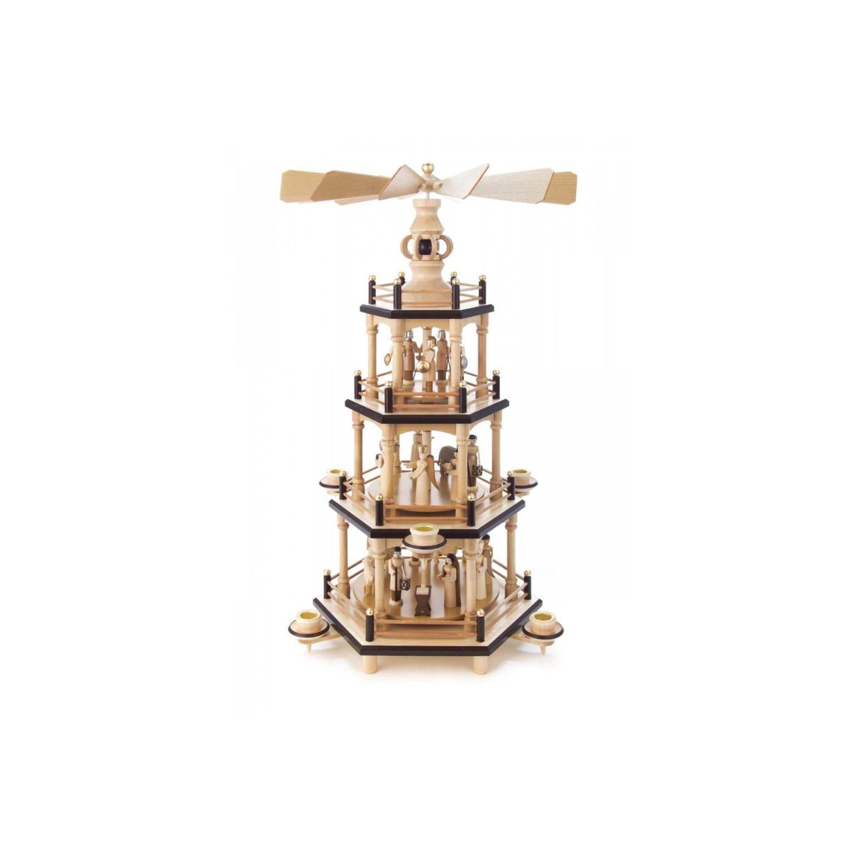 This 4-tier hand-carved Christmas pyramid features a nativity scene on the first tier, angels and villagers on the second tier, Roman soldiers on the third tier and carved designs on the fourth tier. There are candle holders on the first and second tier giving the entire pyramid a rich glow.