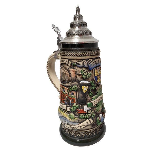 Side view of Dublin Ireland Beer Stein with Pewter Lid, featuring landmarks such as the Ha'penny Bridge, a traditional Irish bar, and a castle, crafted from ceramic and pewter.