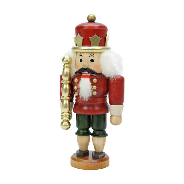 Christian Ulbricht King Nutcracker glazed finish, holding a golden scepter and wearing a red crown and jacket, handcrafted in Germany’s Erzgebirge region.