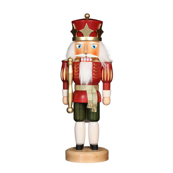 Handcrafted decorative German nutcracker king figure with a red glazed finish, wearing a red jacket, crown, and holding a golden scepter.