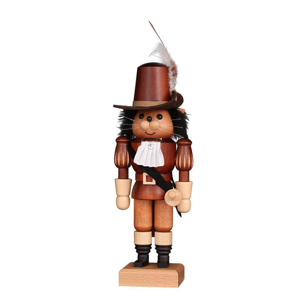 Christian Ulbricht Nutcracker Puss in Boots in natural wood finish, featuring a feathered hat, white lace collar, and sword, handcrafted in the Erzgebirge region of Germany.
