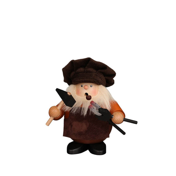 Handcrafted blacksmith smoker, holding a hammer and glowing horseshoe, wearing a corduroy cap and leather apron, with smoke rising from his forge.