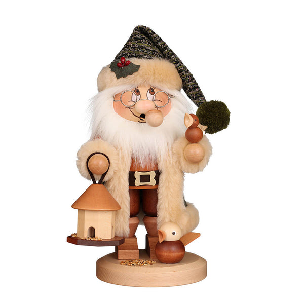 Handcrafted wooden smoker figurine featuring a dwarf Santa Claus feeding birds from a small birdhouse.