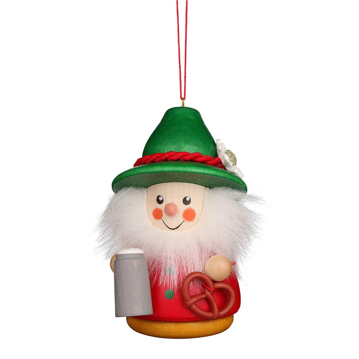 Little Bavarian Wobble Ornament with a green Hat, with white Flower and a red Jacket. He is holding a Beer Stein and a Pretzel in his Hands.