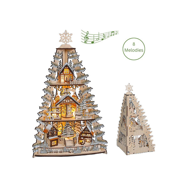 A stunning Christmas Schwibbogen tree featuring a German village at the base, rotating pyramids, frosted tree branches, and a star on top, with music features.