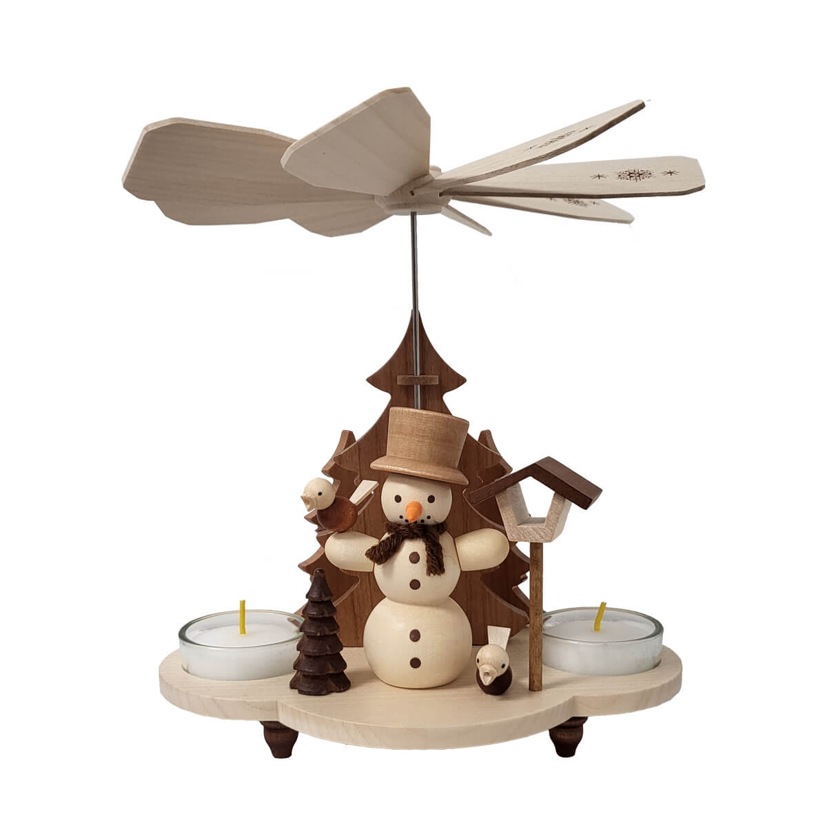 Christmas pyramid with candles, spinning propeller, snowman, and birds. Embrace Erzgebirge tradition