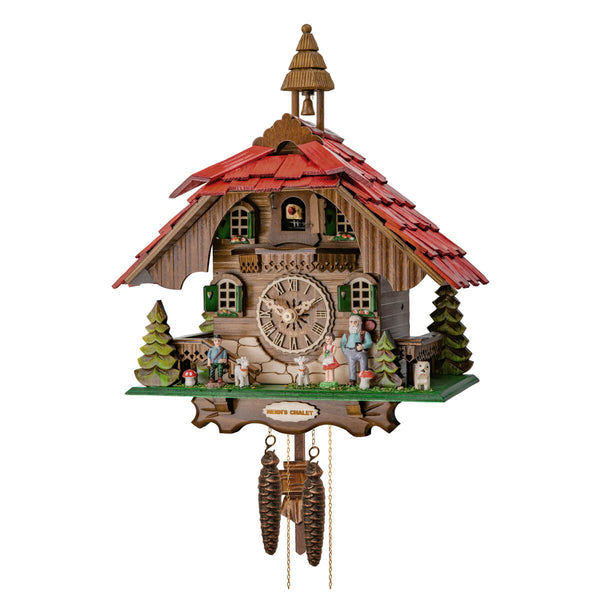 A traditional Chalet style cuckoo clock featuring a red roof, wooden structure, and a Heidi scene with characters from the story.