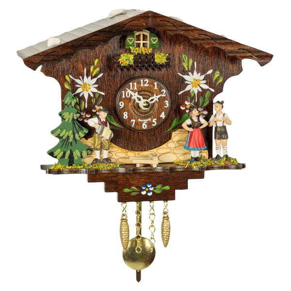 Mini chalet cuckoo clock with accordion player, dancing couple, balcony with flowers, green shutters with hearts, edelweiss, and brass pendulum.