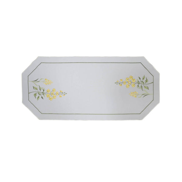 White linen tablecloth with yellow flowers, Swarovski crystals, green stems, and a green embroidered rim, 15.7x33.5 inches (40x85 cm), part of the Summer Meadow Collection, made in Germany.