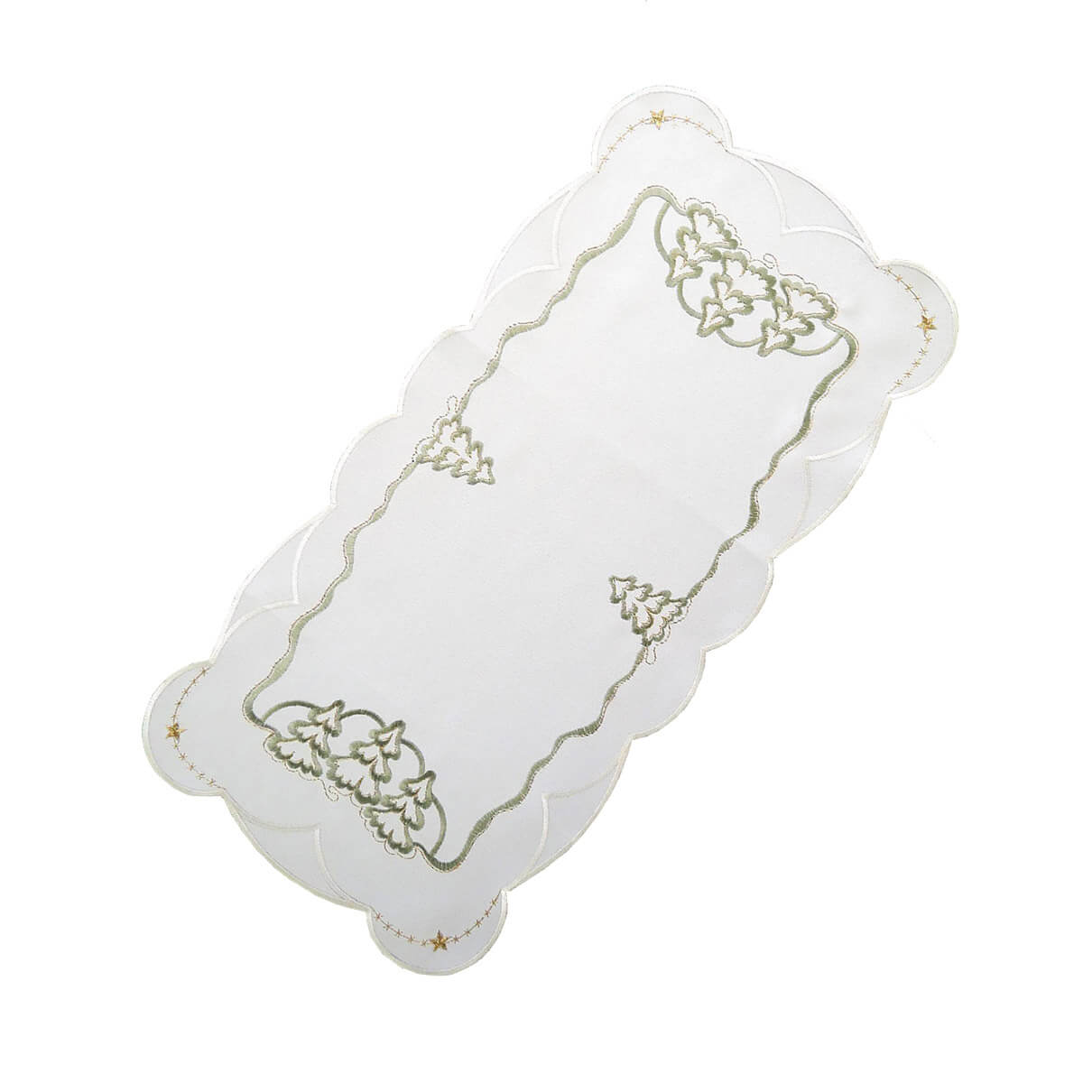 Luxurious linen table runner with intricate white fir tree embroidery and delicate gold stars on each corner.