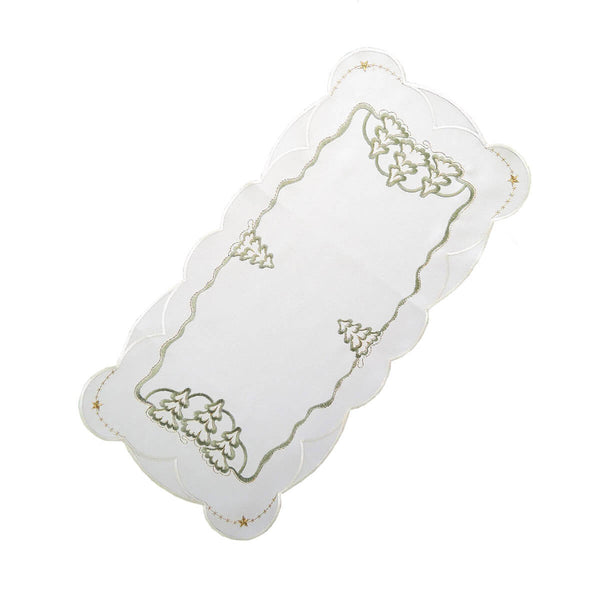 Luxurious linen table runner with intricate white fir tree embroidery and delicate gold stars on each corner.