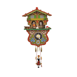 Miniature quartz Engstler clock with a clock face design of field flowers, with a working weather station atop, and a swinging Bavarian girl.