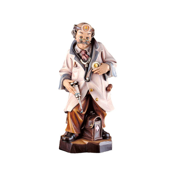 Hand-carved wooden doctor figure by DEUR with vintage tools, made in South Tyrol