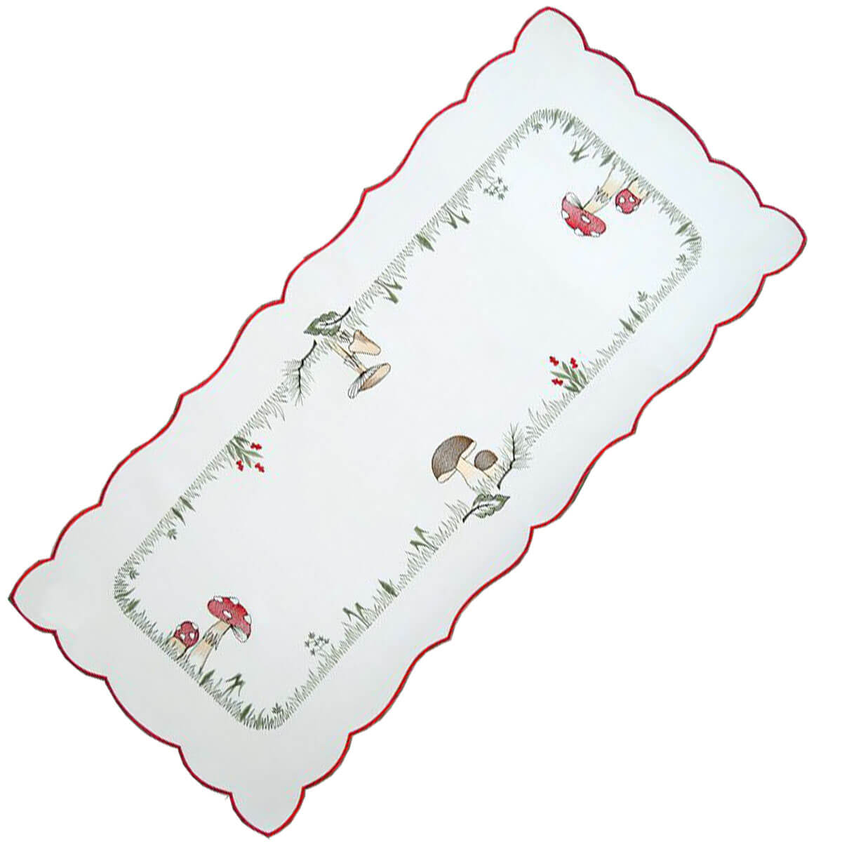 White table runner with scalloped edges, and an outer red border. An interior border design depicts mushrooms in a field, with twigs, grass, and other forest foliage.
