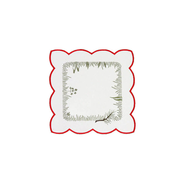 Square white table linen with scalloped edges and a red border, with an interior border design of forest foliage.