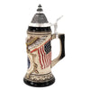 side of Ceramic beer stein U.S. Air Force, bald eagle, raised American flags, star base, and pewter lid with ornate finial. Made in Germany by Zoeller & Born.