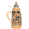 side of German beer stein with Bavarian couple in traditional clothes, farmhouse, bouquet, famous city landmarks (Rothenburg, Hofbraeuhaus, Garmisch-Partenkirchen), and pewter lid. Bottom banner reads "Bayern."