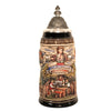 1-liter German beer stein with beer garden scene, Dirndl waitress, edelweiss rim, city reliefs, Deutschland Biergarten banner, and pewter lid.