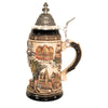 side of 1-liter German beer stein with edelweiss rim, city reliefs, Frankfurt, Muenchen, Rothenburg, and pewter lid.