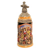1-liter German Oktoberfest beer stein with Bavarian band, Munich landmarks, and pewter lid topped with waitress holding 10 beer mugs.