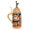 side of 1-liter German Oktoberfest beer stein with Bavarian band, Munich Hofbraeuhaus, and pewter lid topped with waitress holding 10 beer mugs.