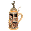 side of 1-liter German Oktoberfest beer stein with Frauenkirche, Rathaus, and horse-drawn wagon transporting beer kegs, and pewter lid topped with waitress holding 10 beer mugs.