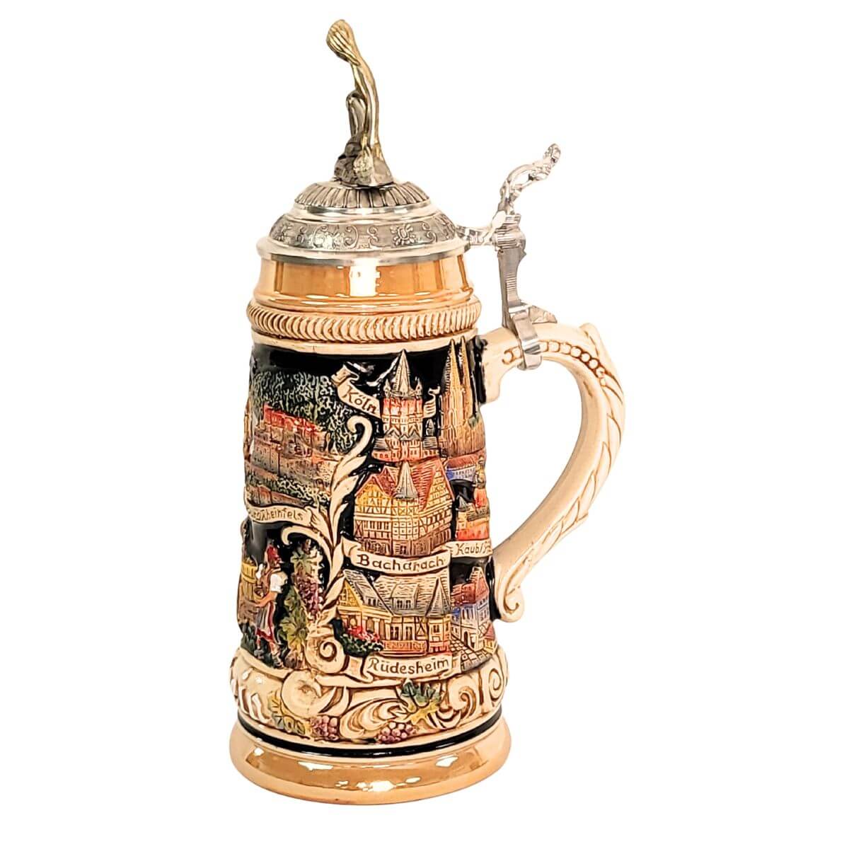 side of German beer stein with Loreley figurine lid, Rhine River panorama, castles, vineyard scene, white ship, and historic cities Koeln, Bacharach, Kaub/Pfalz, Ruedeshaeim