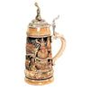 side of German beer stein with Loreley figurine lid, Rhine River panorama, castles, vineyard scene, white ship, and historic cities Koeln, Bacharach, Kaub/Pfalz, Ruedeshaeim