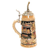 side of German beer stein with Loreley figurine lid, Rhine River panorama, castles, vineyard scene, white ship, and historic cities Koblenz, Boppard, St. Goar .