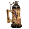 Side of German beer stein with U.S. Army seal, eagle, historical soldiers, rifles on handle, and pewter lid topped with a miniature cannon.