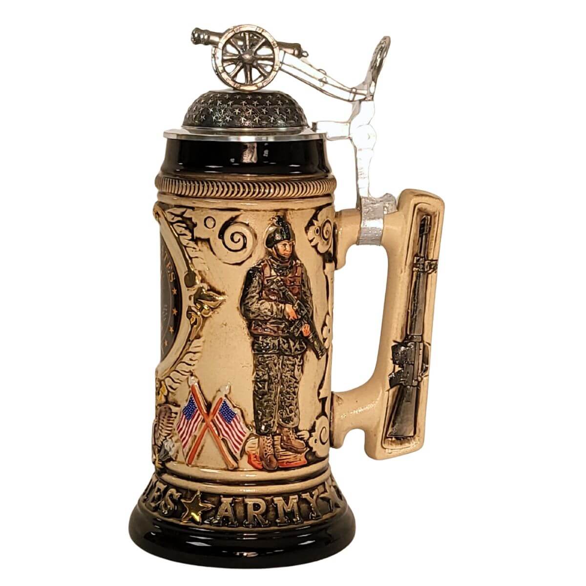 German beer stein with U.S. Army seal, eagle, modern soldiers, rifles on handle, and pewter lid topped with a miniature cannon. Side!