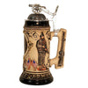 German beer stein with U.S. Army seal, eagle, modern soldiers, rifles on handle, and pewter lid topped with a miniature cannon. Side!