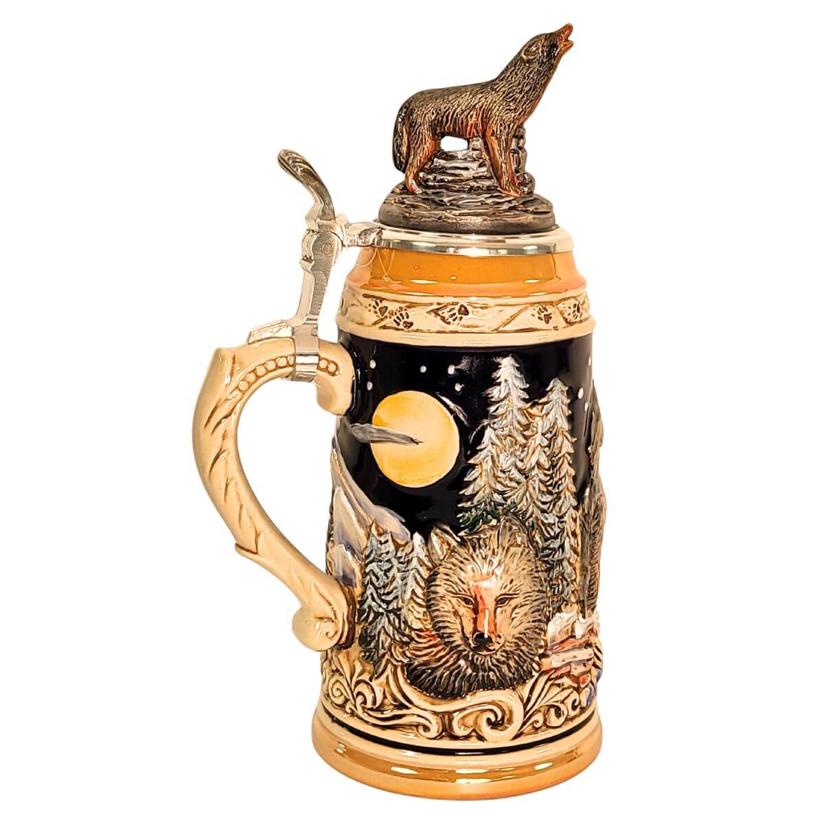 side of Wolf-themed German beer stein close-up of a wolf's face staring directly ahead, and pewter lid topped with a hand-painted wolf figurine.