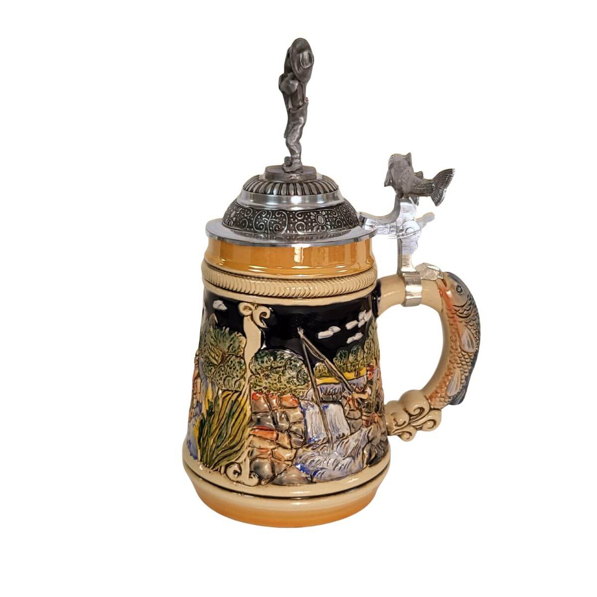 the side of a German beer stein with hand-painted fishing scene, fish-shaped handle, fish thumb lift, and pewter lid topped with a fisherman holding a catch.