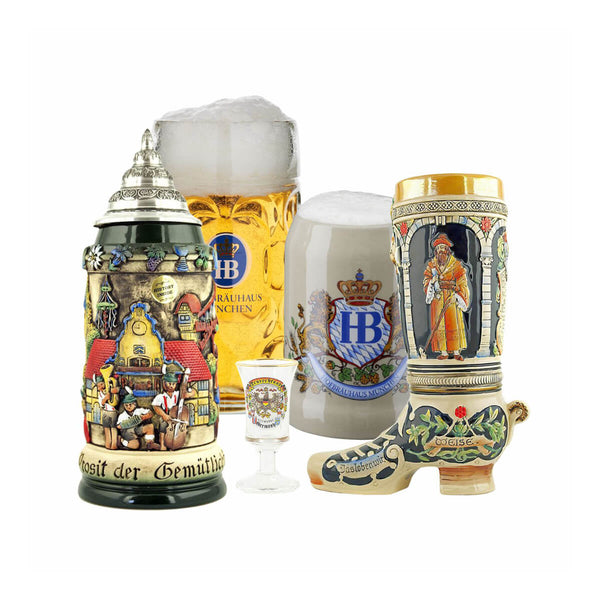 Assorted German beer steins and glassware with Hofbräuhaus Munich designs.