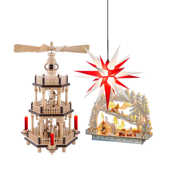 German Christmas décor including pyramids, Herrnhuter stars, and traditional ornaments.