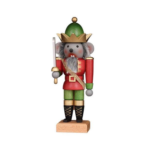 Handcrafted decorative German nutcracker, painted in red, green, and silver colors with a crown and a sword, standing on a wooden base.