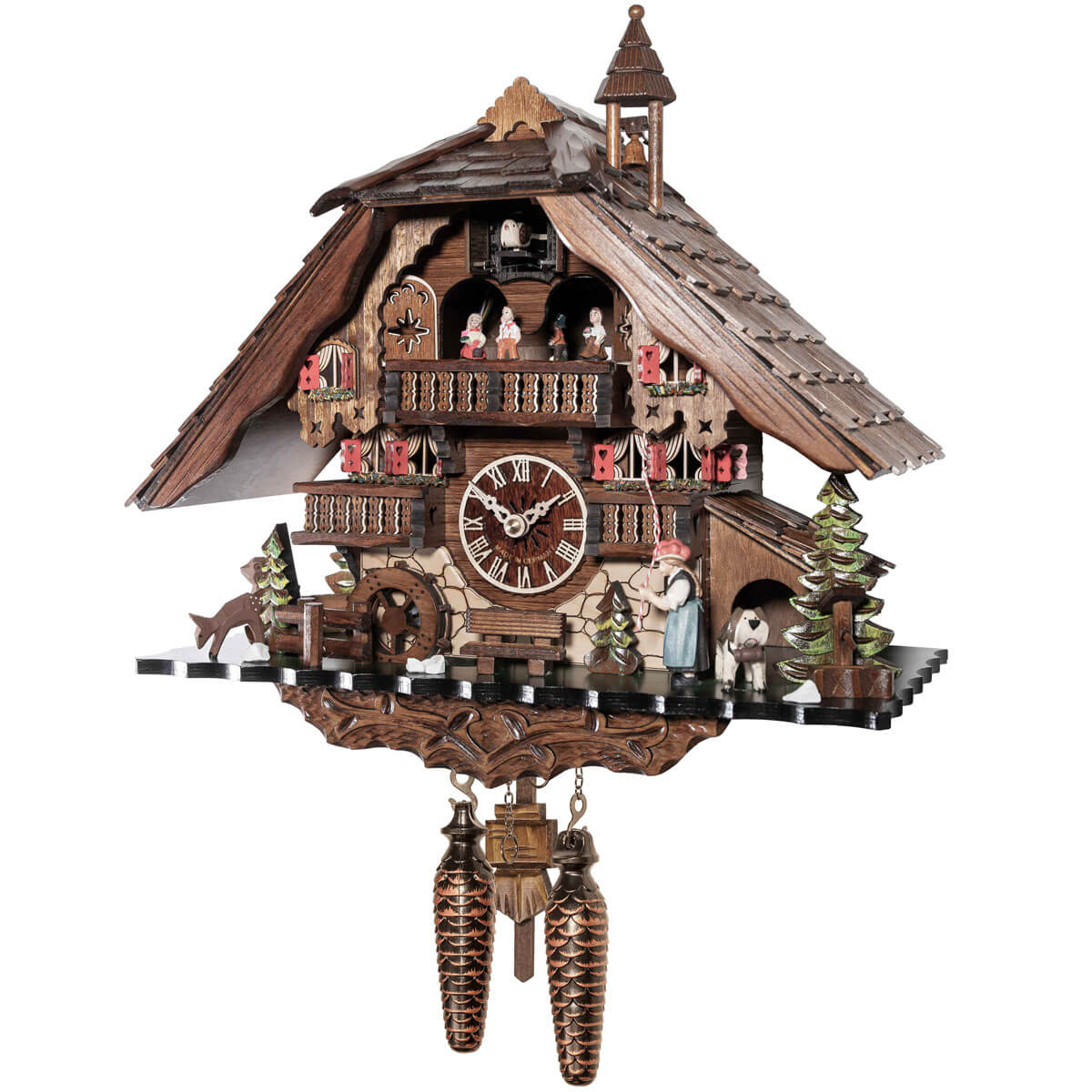 Traditionally dressed Black Forest woman ringing the bell on this beautiful cuckoo clock. Stunning details are on the chalet type house with the red shutters. there is even  a st. bernard and a deer in front of the house.