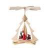 This hand-carved Christmas pyramid features a single tier design with a meticulously made natural Christmas tree out of delicate wood shavings. Around the tree is Santa in classic red holding a little green Christmas tree and pulling a sleigh laden with Christmas presents. A boy is pulling a toy train behind him.