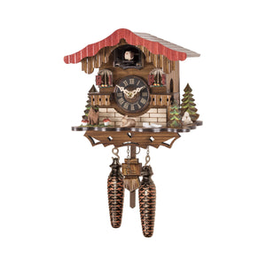 Introducing a nice little battery-operated cuckoo clock, ideal for kitchens or bedrooms. Its bright red eaves add a pop of color, complemented by multicolored green pine trees. A delightful rabbit, alongside a graceful deer, adorns the scene, while a charming toadstool adds a whimsical touch.