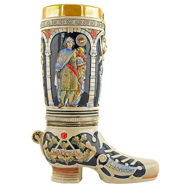 King Ceramic Beer Boot with a Knight in the Archway. The Inscription under the Knight reads: Brave, Happy with Beer