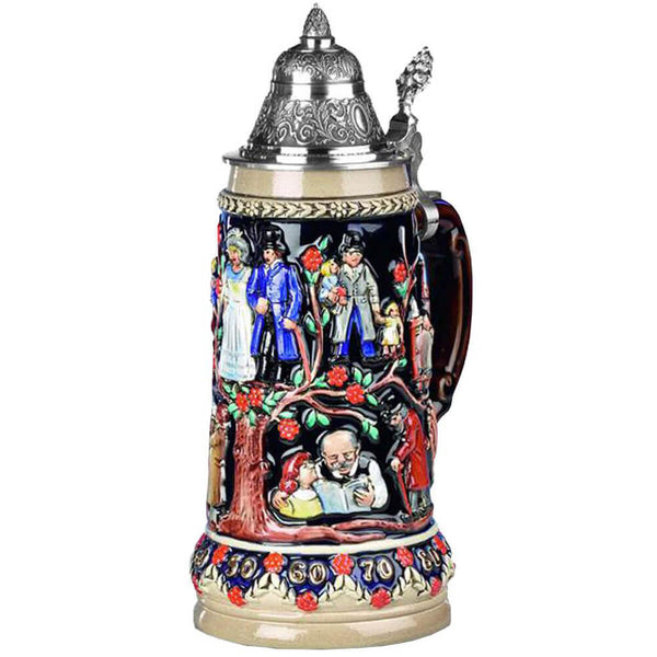 King Ceramic beer stein with pewter lid. The theme is the tree of life where each branch shows a moment in life. A young family takes a walk, a father holding a baby in his arms and a child by the hand, and a grandfather reading a book to his granddaughter. Bright colors make the beer mug a piece of jewelry.