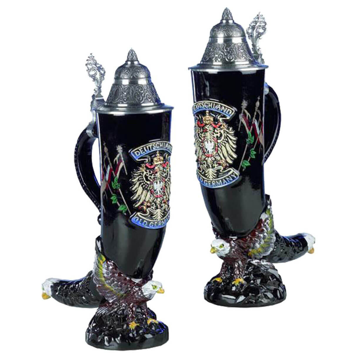 Black King drinking horn with molded Eagles and a painted eagle on the front with German flags on the sides.