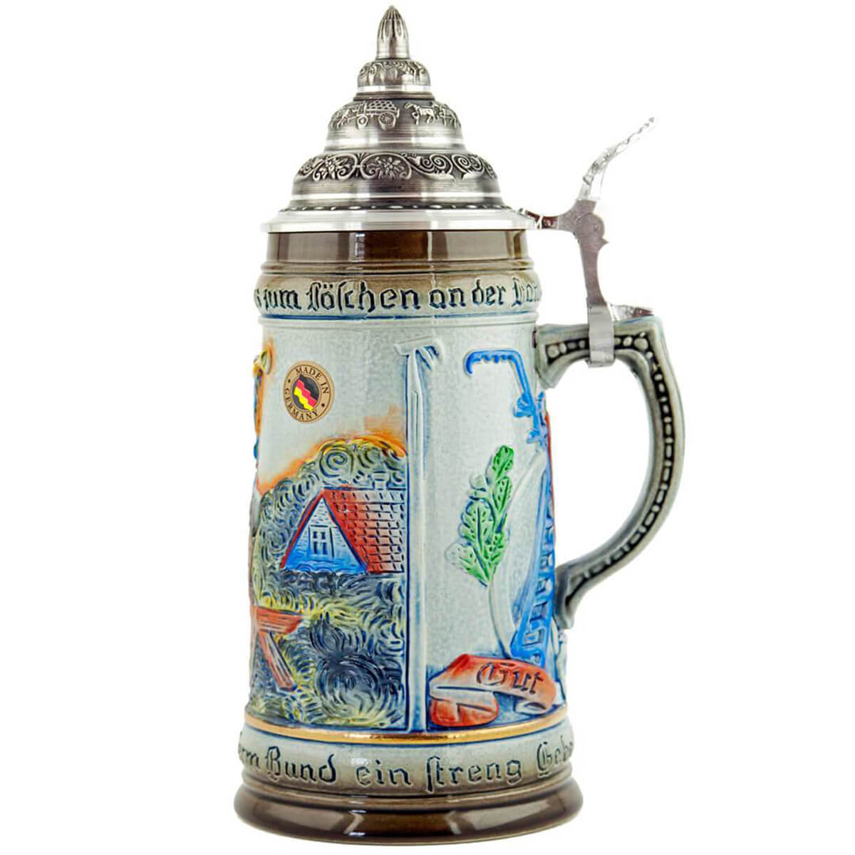 KING firemen Beer Stein in light colors with a burning house on the side.