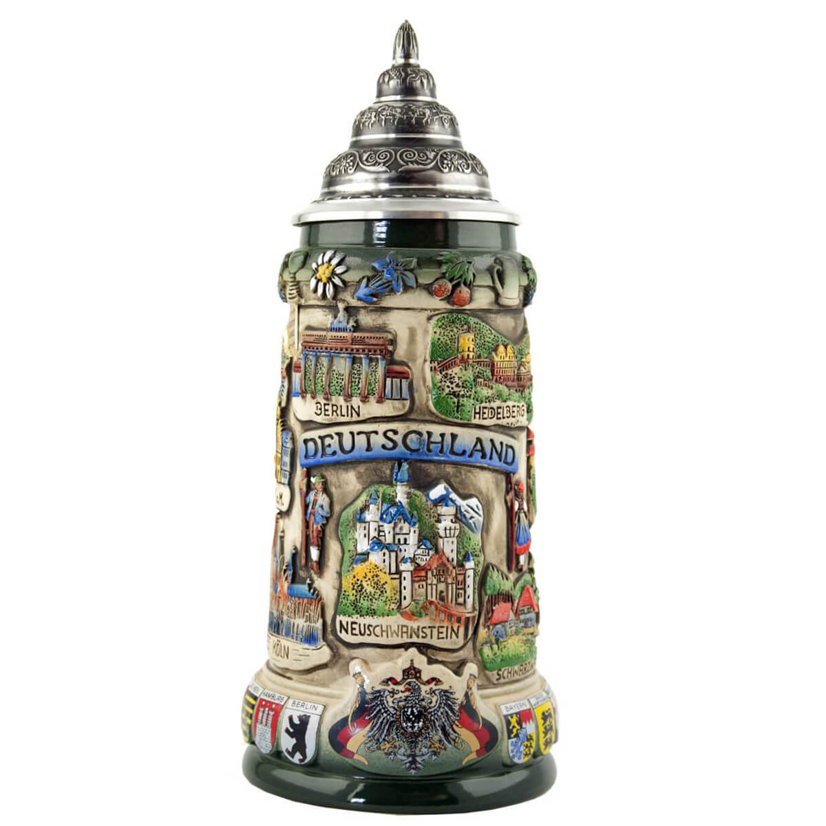 King Beer stein with a pewte Lid. There is a banner with
