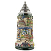 King Beer stein with a pewte Lid. There is a banner with "Deutschland" written on it and the cities Berlin and Heidelberg plus Neuschwanstein. On the bottom rim is the German Eagle with two flags.