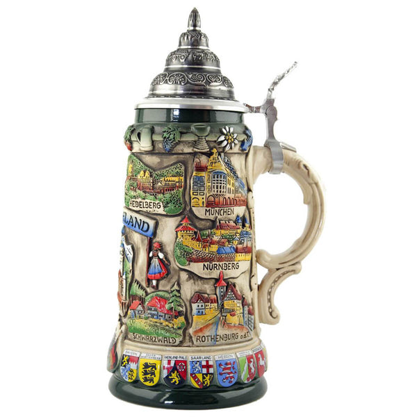 On this side of the Stein are Munich, Nuremberg and Rothenburg. You can also see a black forest woman in her traditional dress. The bottom Rim has the coat of arms from the German states.