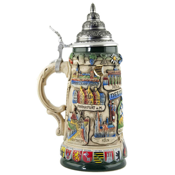 This side has the cities Duesseldorf, Frankfurt, Cologne and Ruedesheim. With the coat of arms from the German states on the bottom rim.